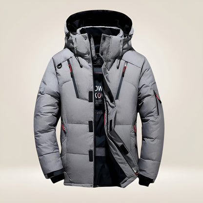 Gefütterte Herren-Winterjacke mit Kapuze und vielen Reißverschlusstaschen in Grau