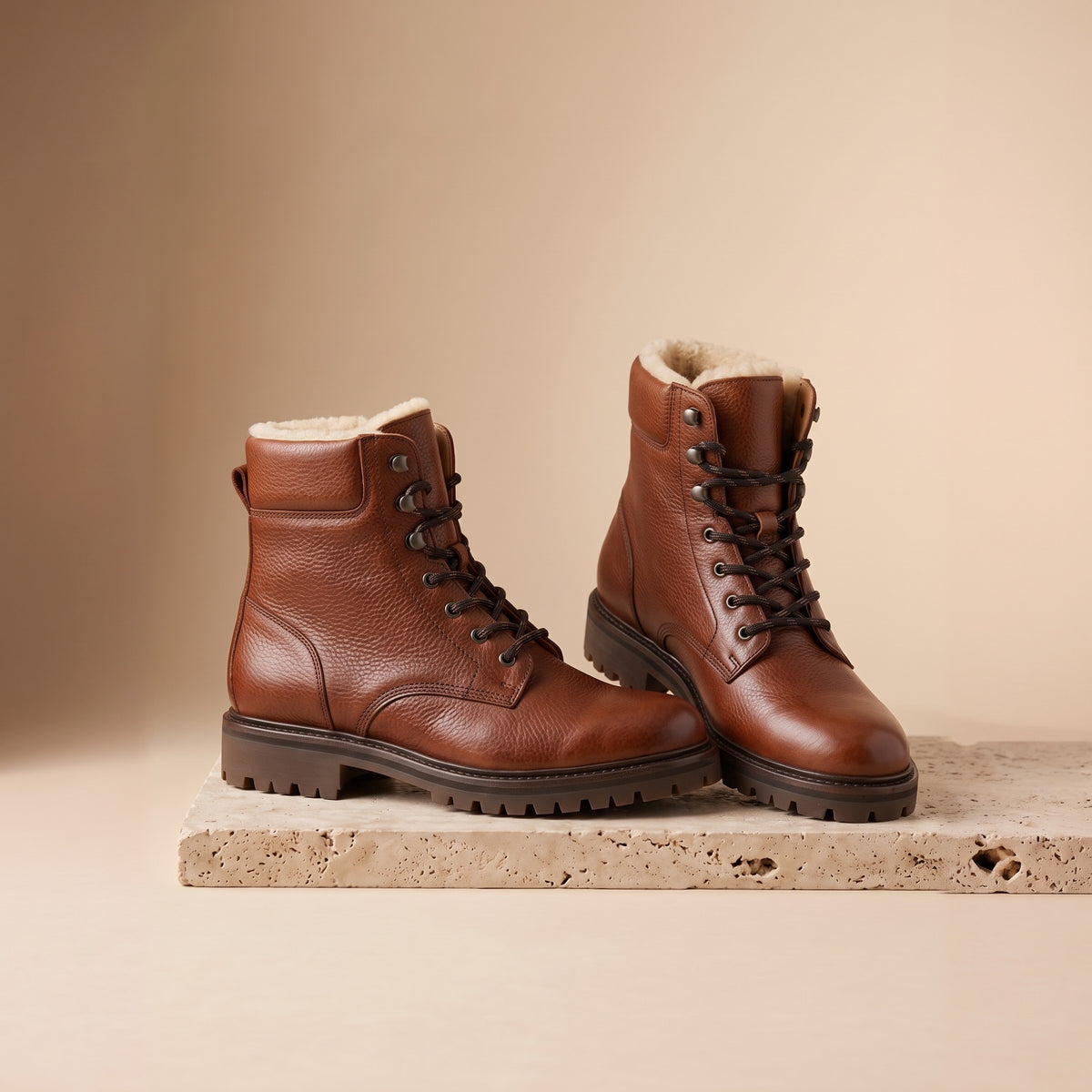 Gefütterte Herren-Worker-Boots aus Leder in Cognac, Vorderansicht