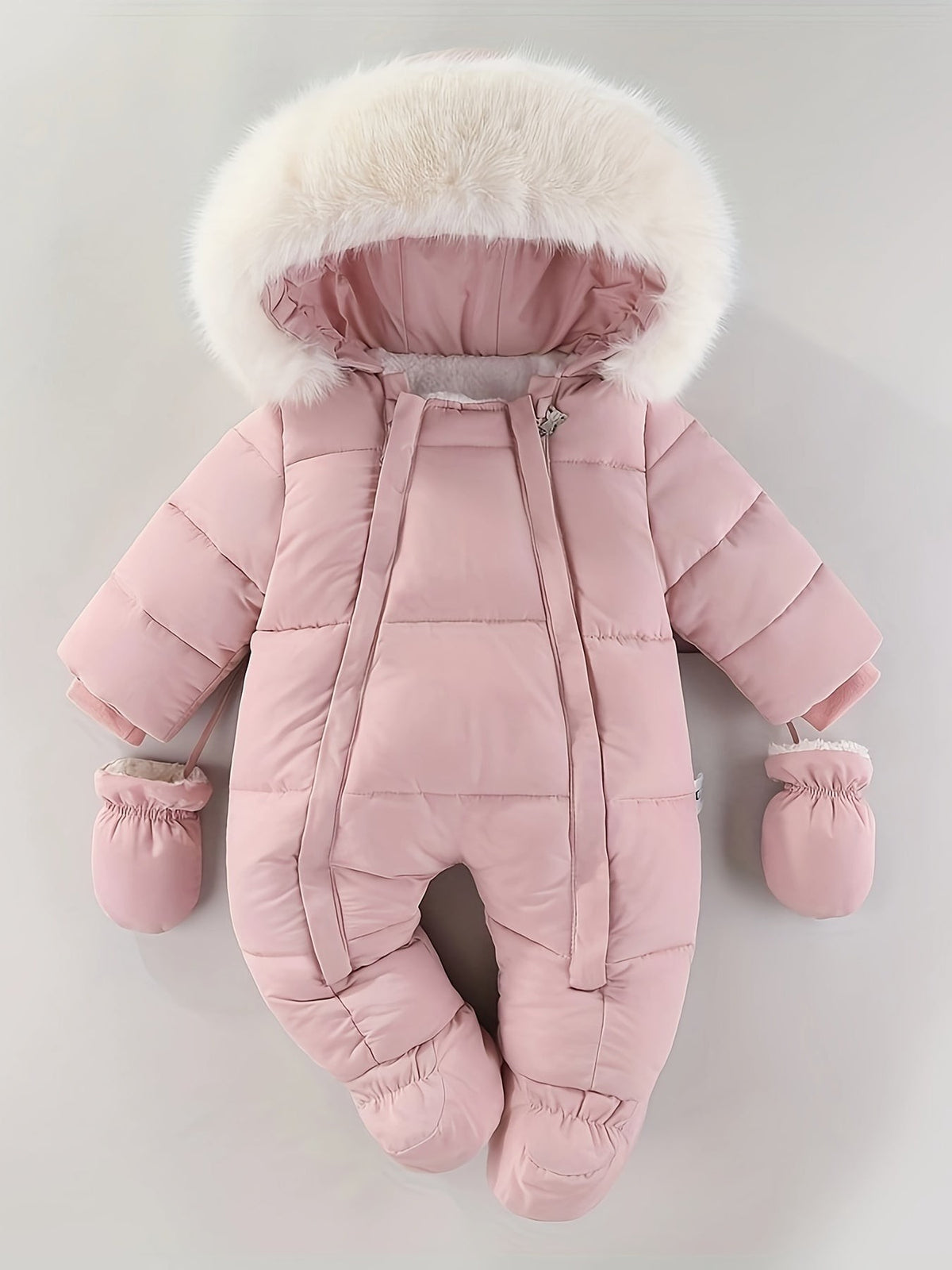 Gefütterter Baby-Schneeanzug mit Kunstfell-Kapuze, Fäustlingen und Reißverschluss in Rosa