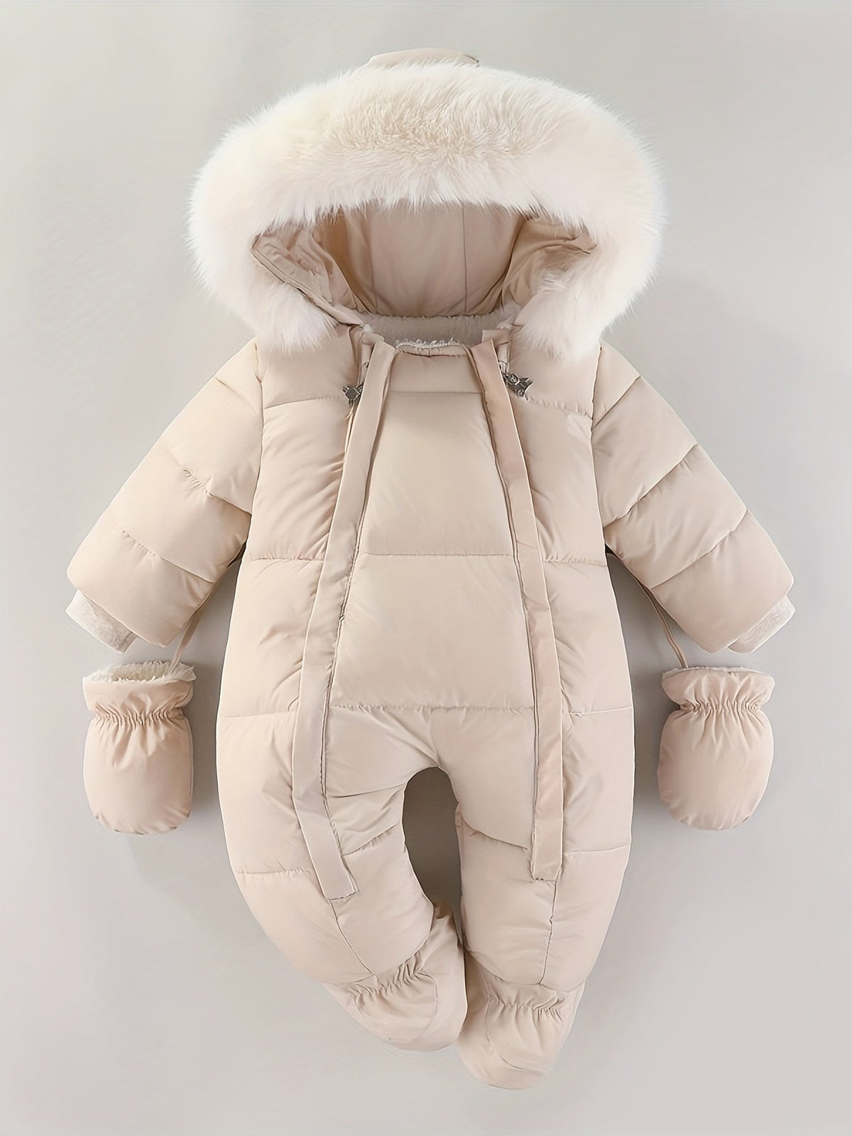 Gefütterter Baby-Schneeanzug mit Kunstfell-Kapuze, Fäustlingen und Reißverschluss in Beige