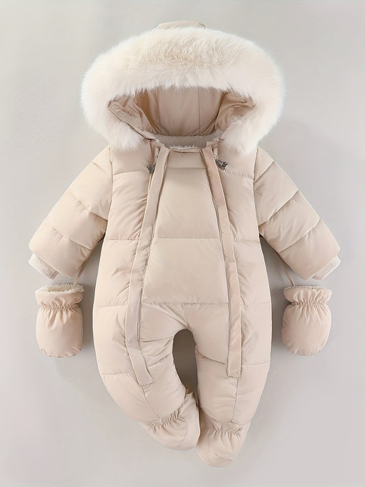 Gefütterter Baby-Schneeanzug mit Kunstfell-Kapuze, Fäustlingen und Reißverschluss in Beige