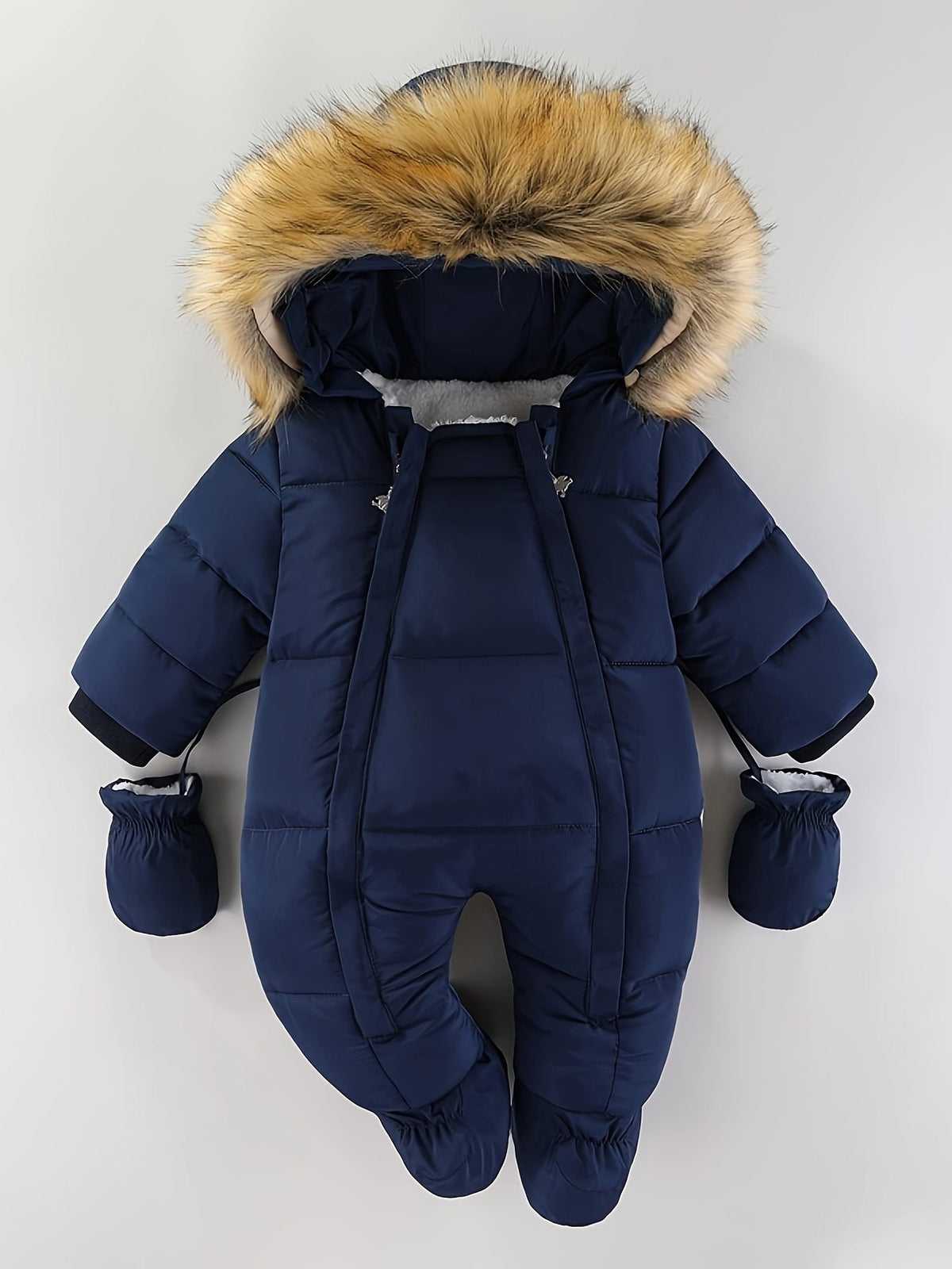 Gefütterter Baby-Schneeanzug mit Kunstfell-Kapuze, Fäustlingen und Reißverschluss in Marineblau