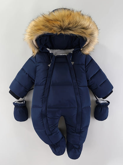 Gefütterter Baby-Schneeanzug mit Kunstfell-Kapuze, Fäustlingen und Reißverschluss in Marineblau