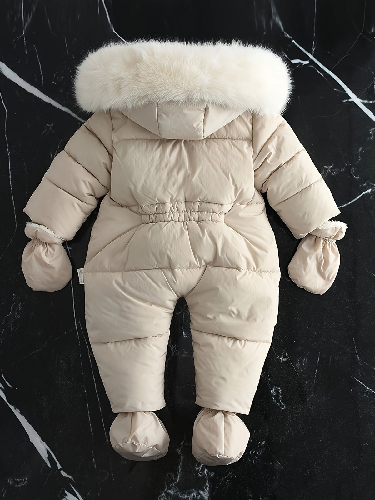 Gefütterter Baby-Schneeanzug mit Kunstfell-Kapuze, Fäustlingen und Reißverschluss, Ansicht 5