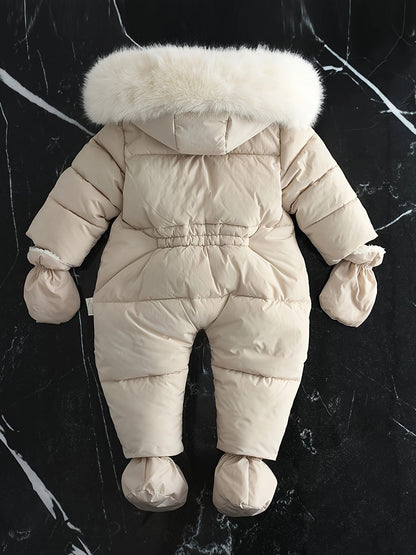 Gefütterter Baby-Schneeanzug mit Kunstfell-Kapuze, Fäustlingen und Reißverschluss, Ansicht 5