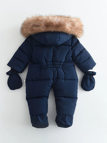 Gefütterter Baby-Schneeanzug mit Kunstfell-Kapuze, Fäustlingen und Reißverschluss, Ansicht 7