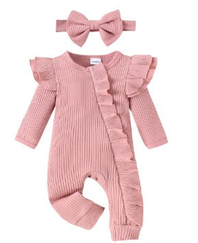 Gerippter Baby-Strampler mit Rüschen, Reißverschluss vorne und passendem Haarband, Ansicht 3