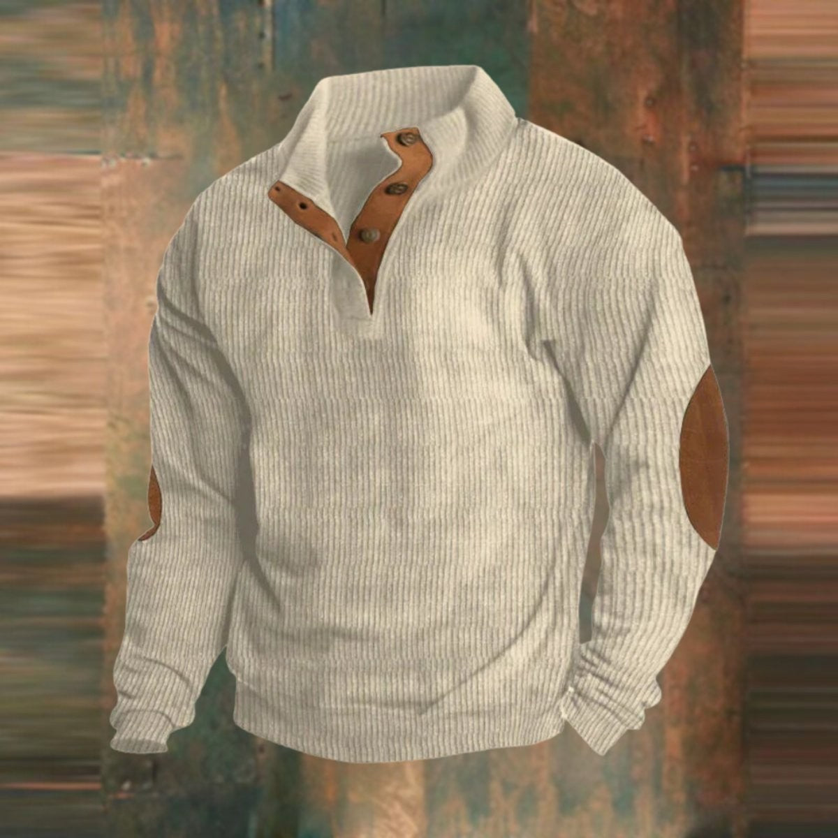 Gerippter Herren-Troyer mit Stehkragen, Druckknopfleiste und Ellenbogen-Patches in Beige