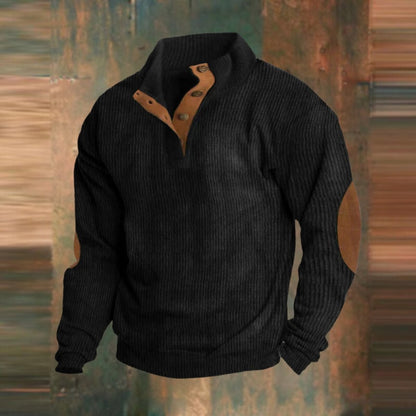 Gerippter Herren-Troyer mit Stehkragen, Druckknopfleiste und Ellenbogen-Patches in Schwarz