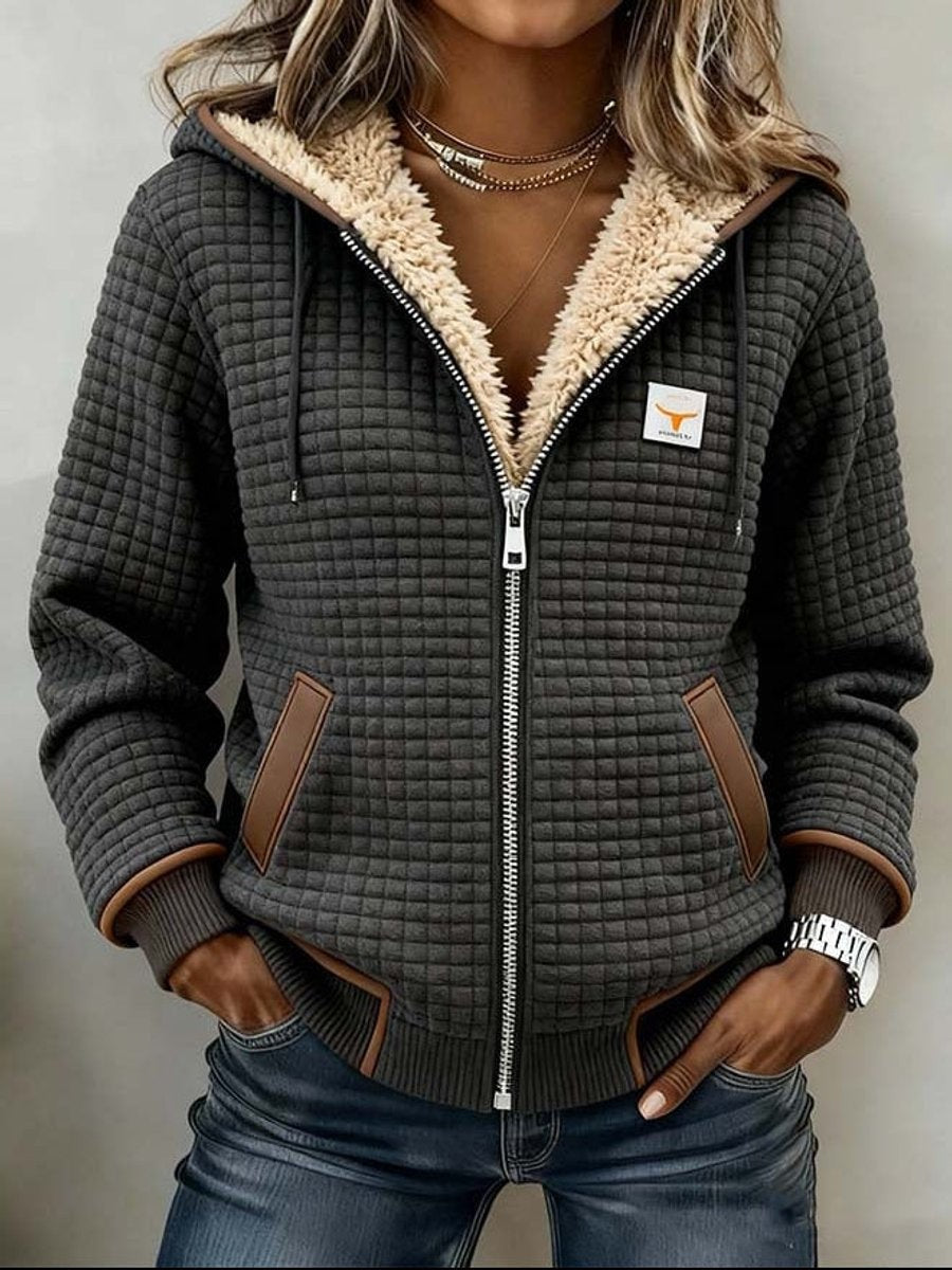 Anthrazitfarbene gesteppte Damen-Jacke mit Sherpafutter und Kapuze