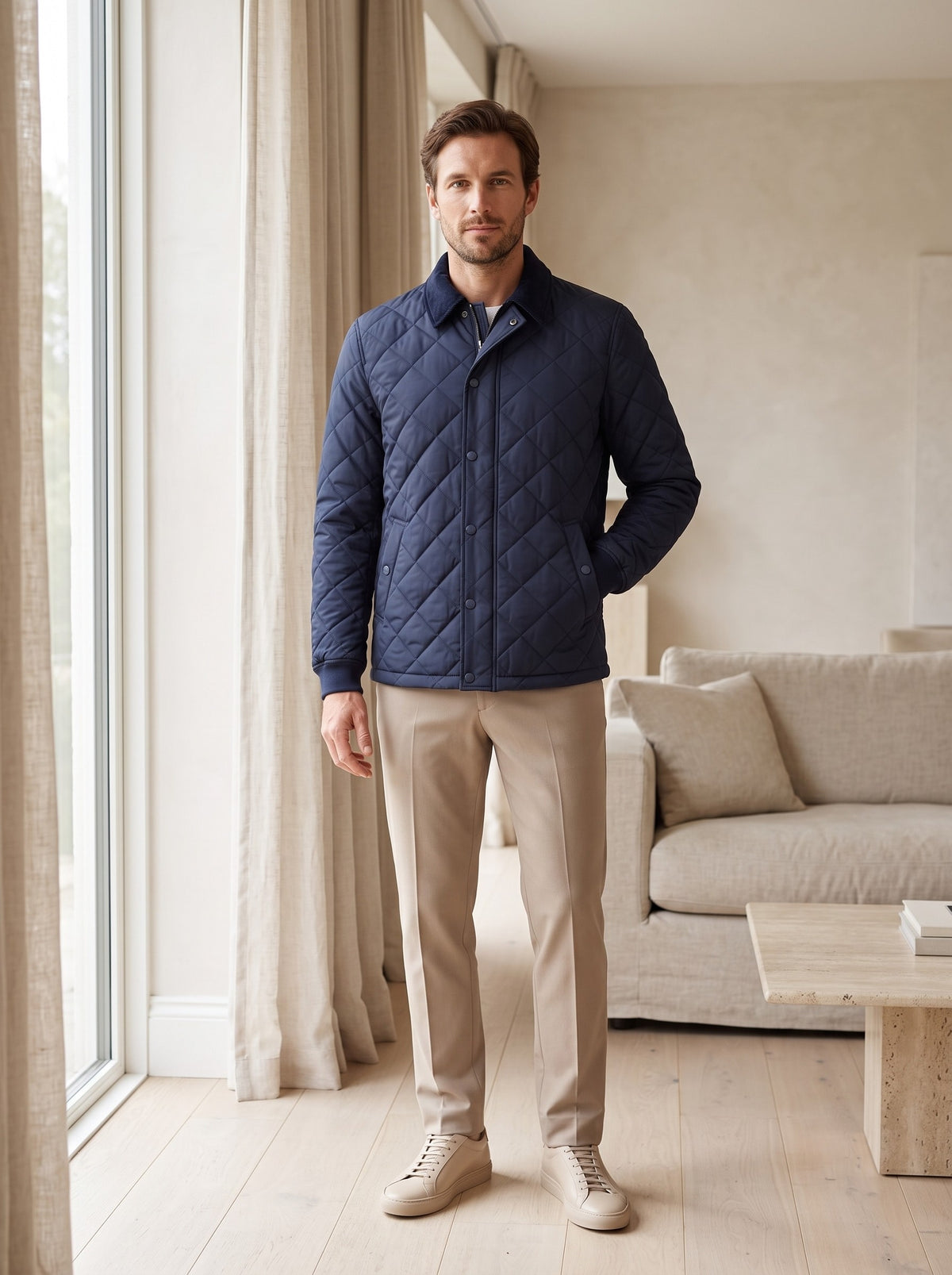 Gesteppte Herrenjacke mit Rautensteppung in Navy, getragen im Wohnzimmer