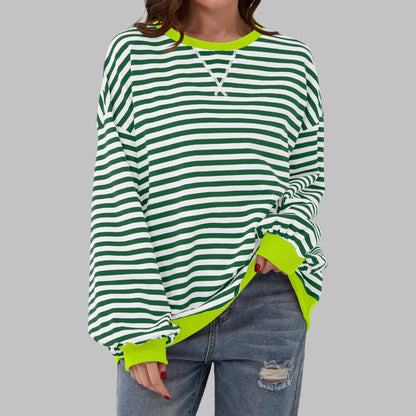 Gestreiftes Oversized Damen-Sweatshirt mit Rundhals und kontrastfarbenen Rippbündchen in Dunkelgrün