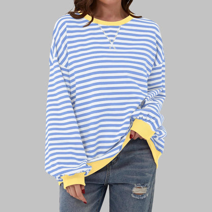 Gestreiftes Oversized Damen-Sweatshirt mit Rundhals und kontrastfarbenen Rippbündchen in Himmelblau