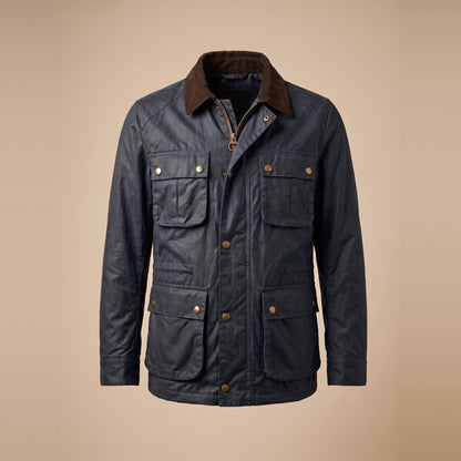 Gewachste Herren-Feldjacke in Navy, Vorderansicht