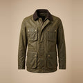 Gewachste Herren-Feldjacke aus Baumwolle mit Cordkragen und vier Pattentaschen