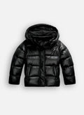Glänzende Damen-Pufferjacke mit Kapuze, Reißverschluss und Eingrifftaschen für den Winter