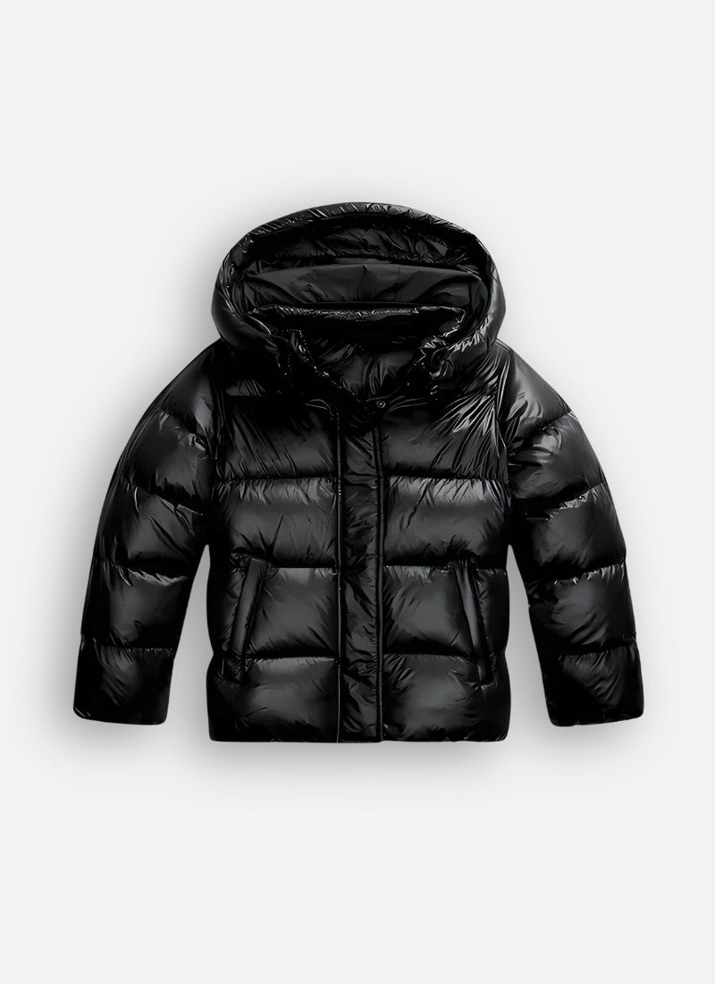 Glänzende Damen-Pufferjacke mit Kapuze, Reißverschluss und Eingrifftaschen für den Winter in Schwarz