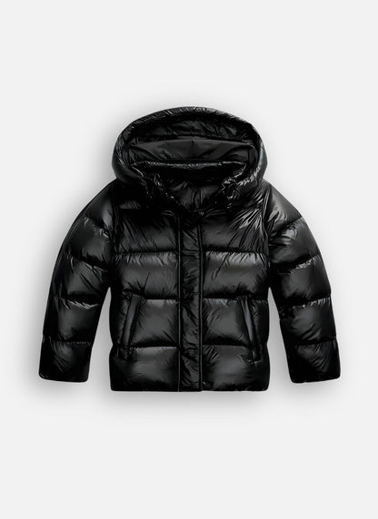 Glänzende Damen-Pufferjacke mit Kapuze, Reißverschluss und Eingrifftaschen für den Winter in Schwarz
