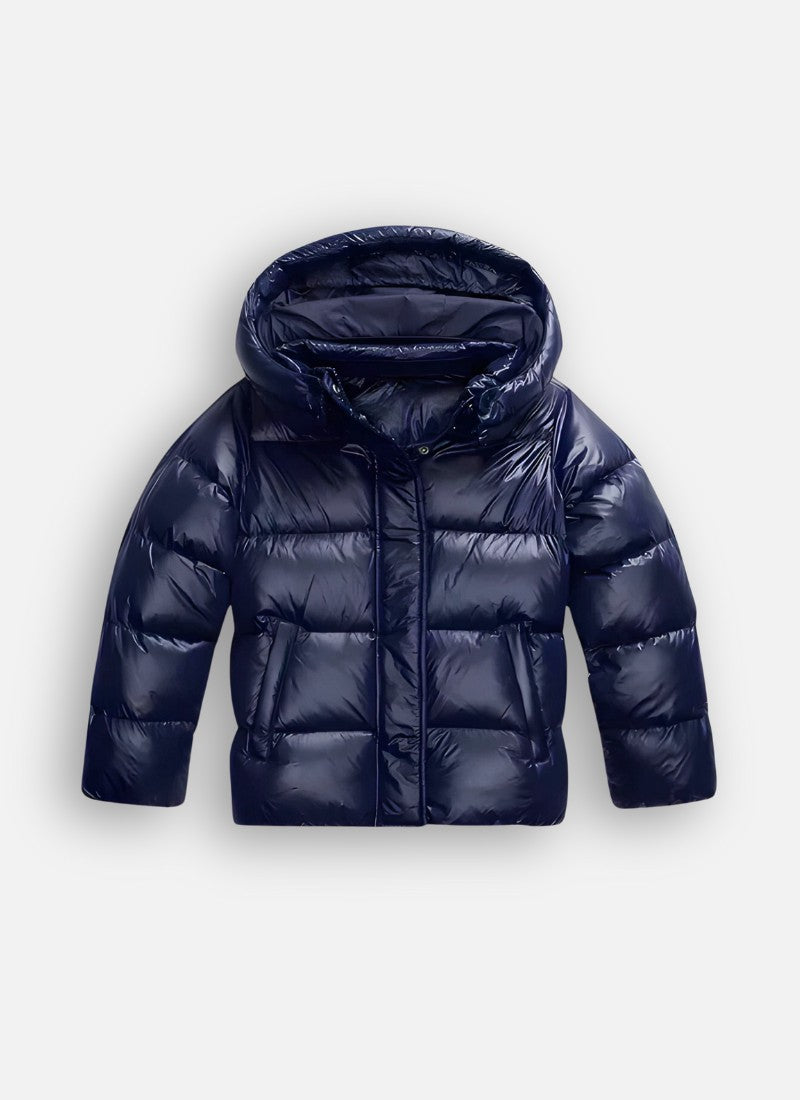 Glänzende Damen-Pufferjacke mit Kapuze, Reißverschluss und Eingrifftaschen für den Winter in Blau
