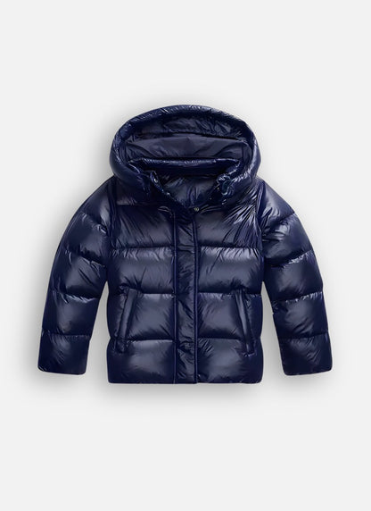 Glänzende Damen-Pufferjacke mit Kapuze, Reißverschluss und Eingrifftaschen für den Winter in Blau