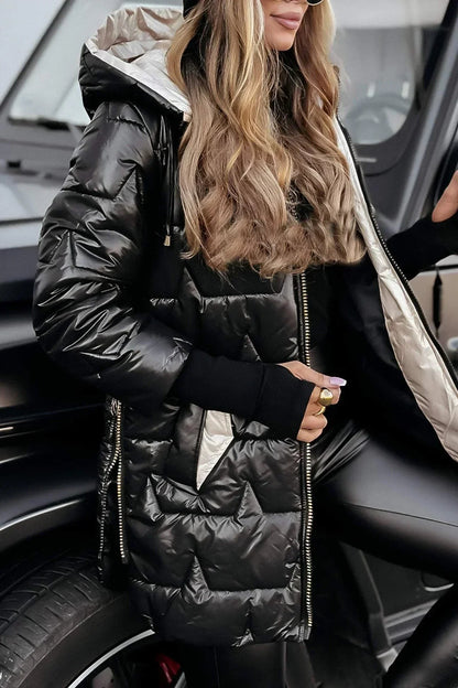Glänzende Damen-Steppjacke mit Kapuze und verlängertem Schnitt für Herbst und Winter, Ansicht 8