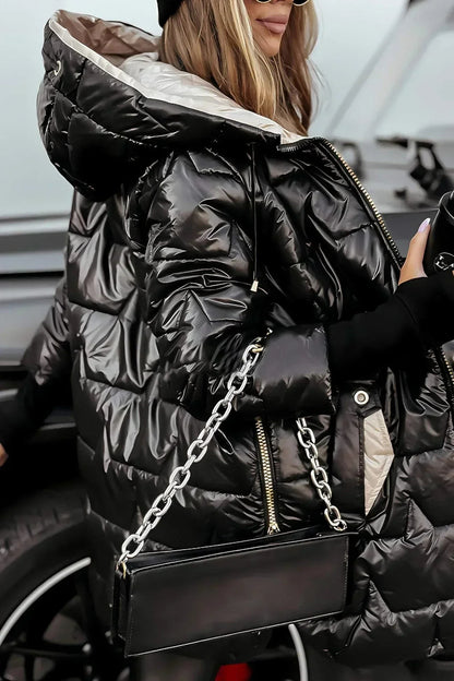 Glänzende Damen-Steppjacke mit Kapuze und verlängertem Schnitt für Herbst und Winter, Ansicht 9