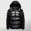 Glänzende Winter-Steppjacke mit Kapuze, wattiertem Futter und durchgehendem Reißverschluss
