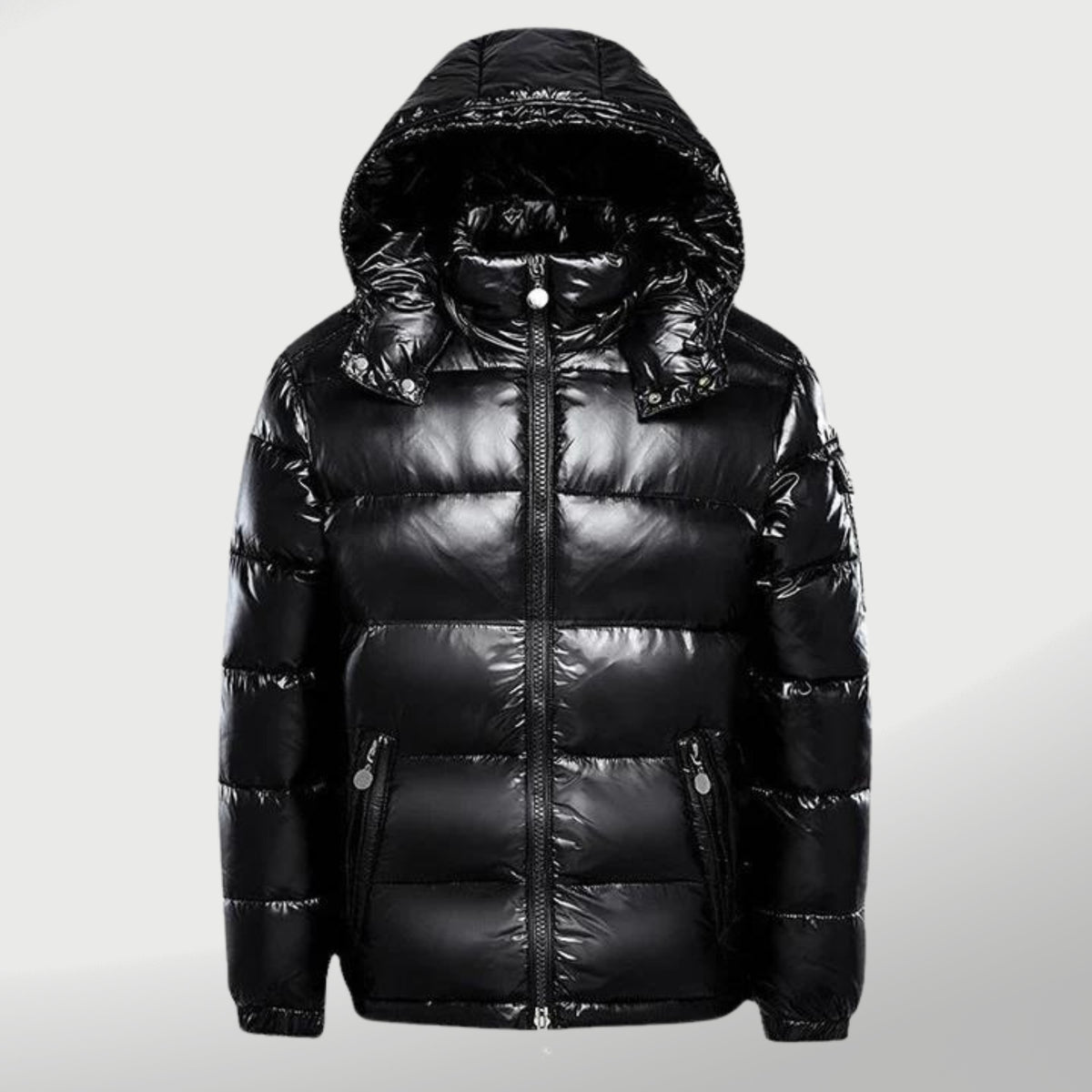 Glänzende Winter-Steppjacke mit Kapuze, wattiertem Futter und durchgehendem Reißverschluss in Schwarz