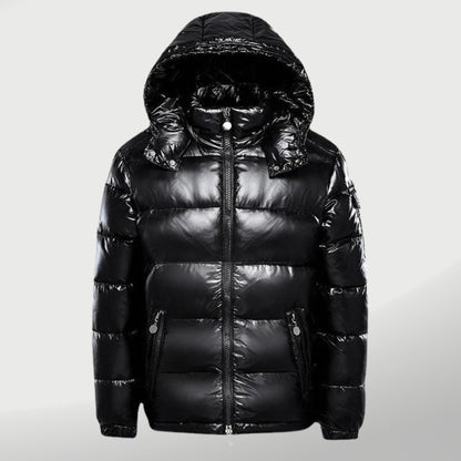 Glänzende Winter-Steppjacke mit Kapuze, wattiertem Futter und durchgehendem Reißverschluss in Schwarz