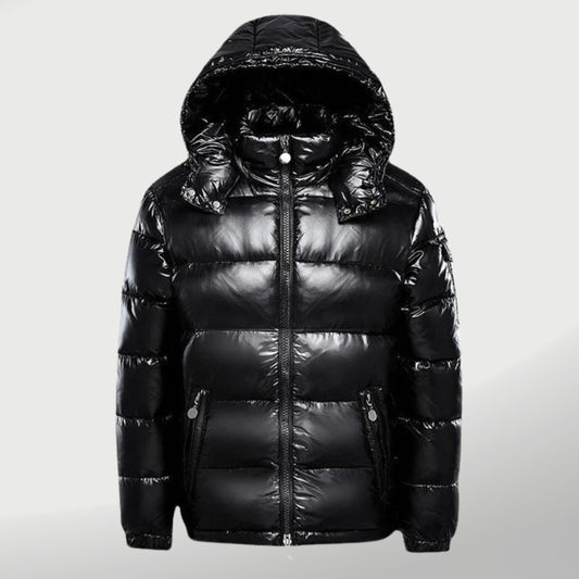 Glänzende Winter-Steppjacke mit Kapuze, wattiertem Futter und durchgehendem Reißverschluss in Schwarz