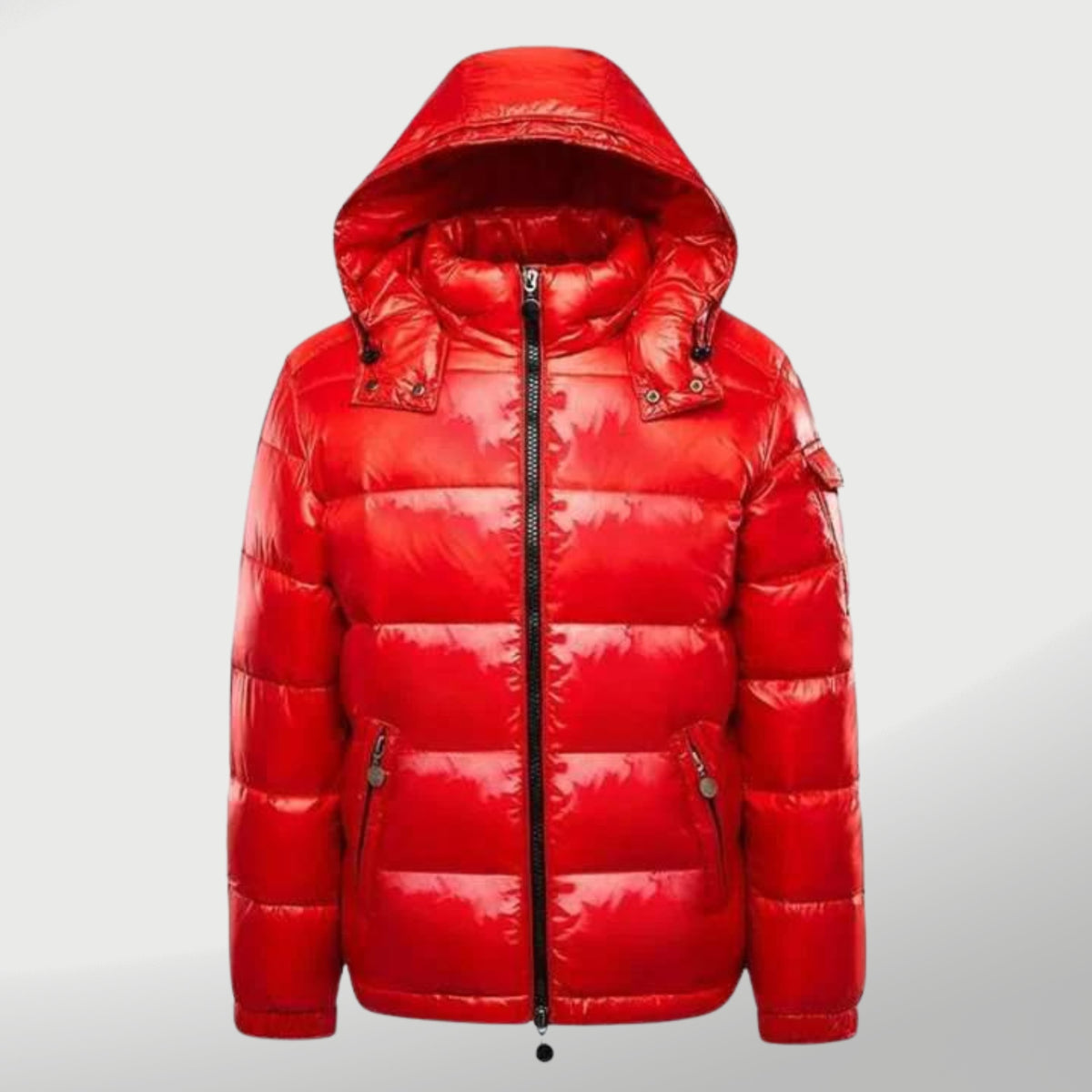 Glänzende Winter-Steppjacke mit Kapuze, wattiertem Futter und durchgehendem Reißverschluss in Rot