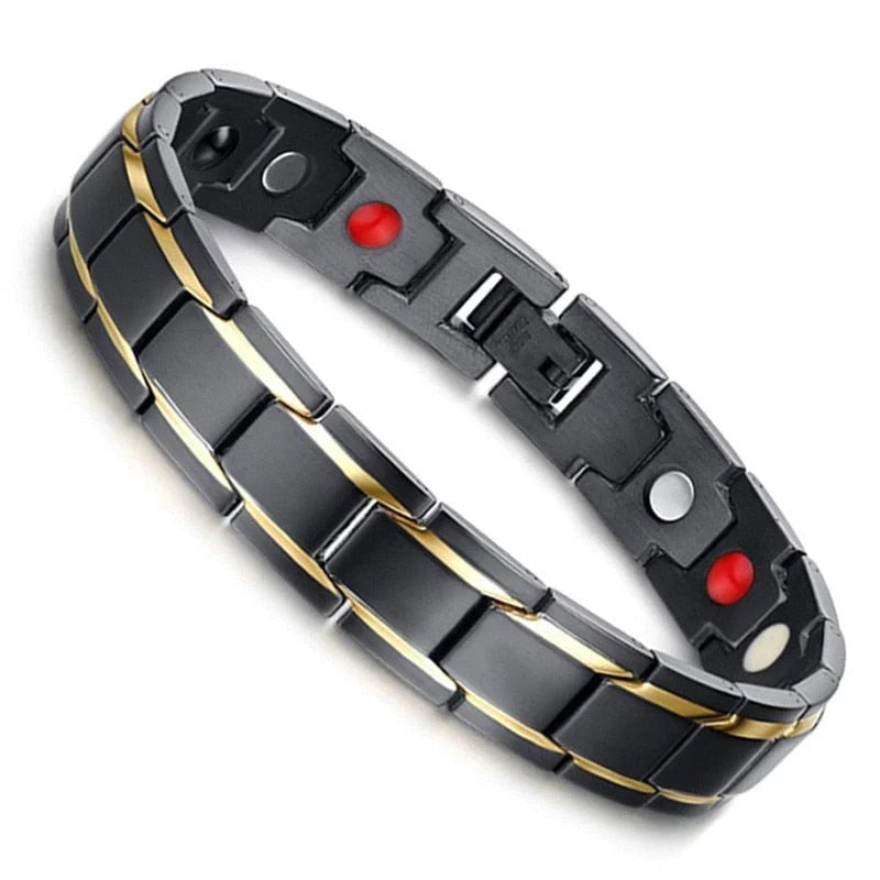 Gliederarmband aus Edelstahl 316L mit Magneten, Hämatit und kürzbarer Länge in Schwarz-Gold