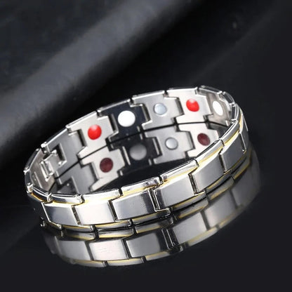 Gliederarmband aus Edelstahl 316L mit Magneten, Hämatit und kürzbarer Länge in Silber-Gold