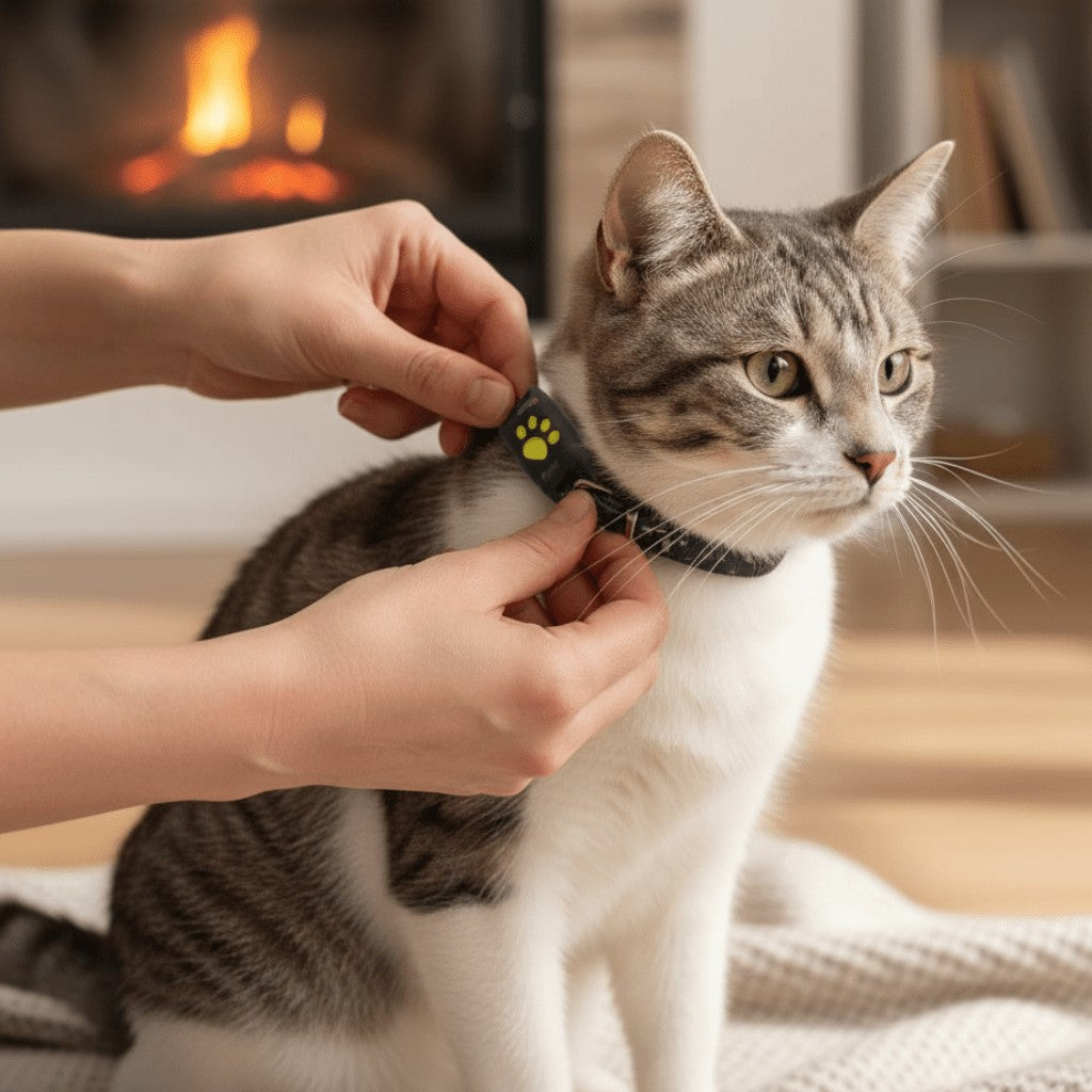 Schwarzer GPS-Tracker mit gelber Pfote am Halsband einer Katze