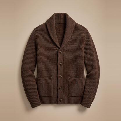 Herren-Strickjacke mit Schalkragen in Braun, Vorderansicht