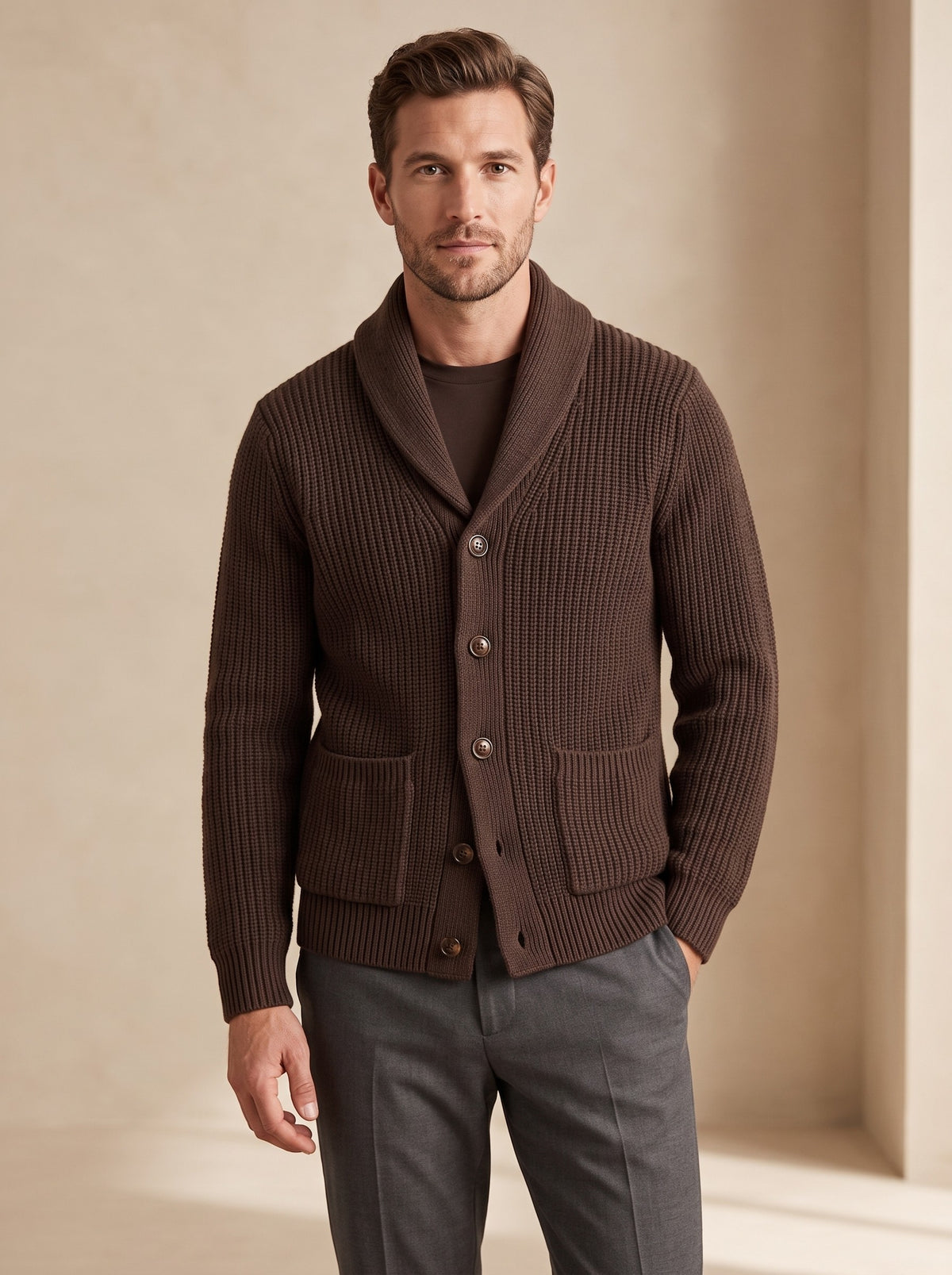 Herren-Strickjacke mit Schalkragen in Braun, getragen im Studio