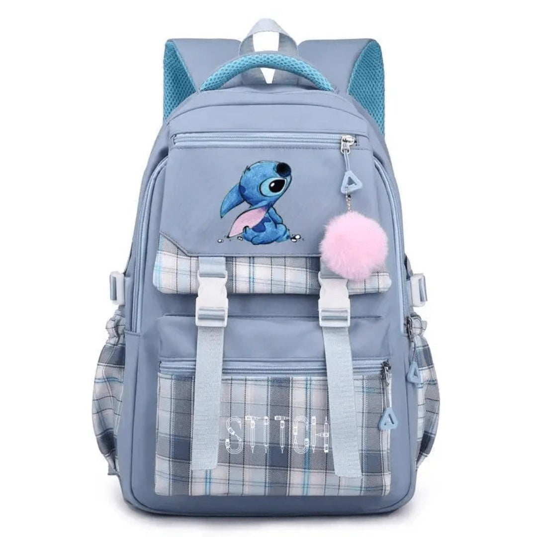Großer Schulrucksack mit Karomuster, Plüschanhänger und mehreren Fächern für Kinder in Blau