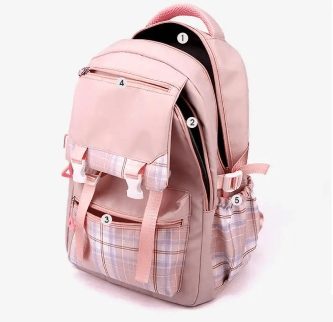 Großer Schulrucksack mit Karomuster, Plüschanhänger und mehreren Fächern für Kinder, Ansicht 6
