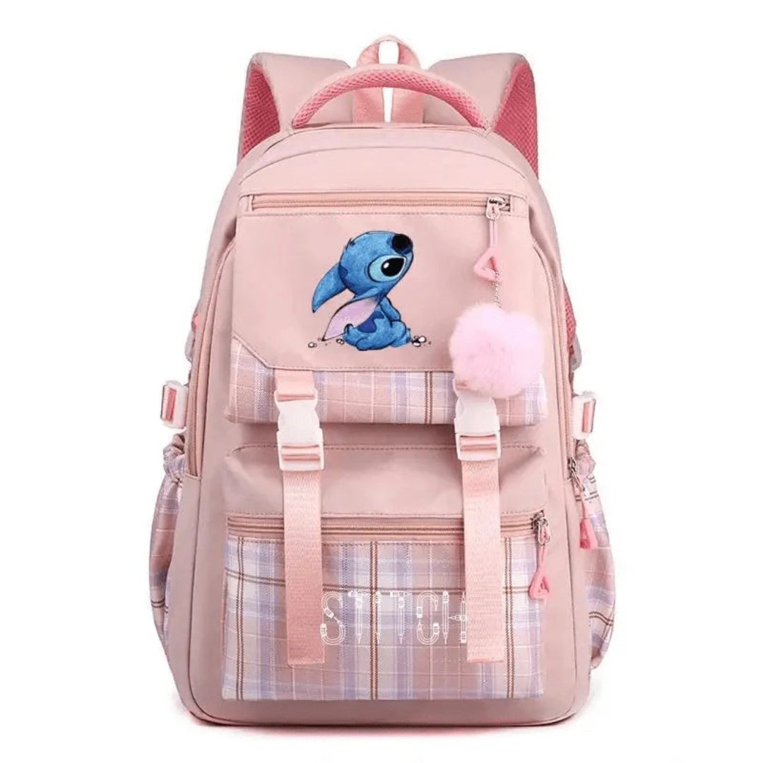 Großer Schulrucksack mit Karomuster, Plüschanhänger und mehreren Fächern für Kinder in Rosa