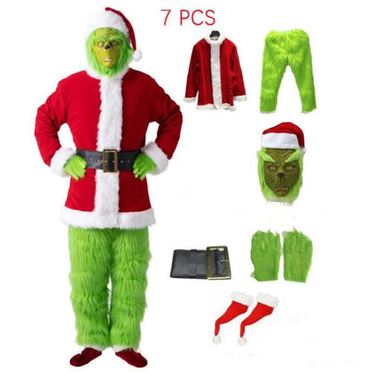 Grünes Weihnachtsmonster-Kostüm mit Maske, Weihnachtsmütze und Handschuhen für Erwachsene, Ansicht 2