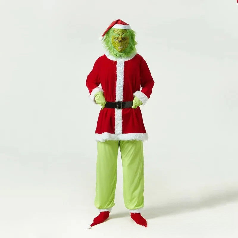 Grünes Weihnachtsmonster-Kostüm mit rotem Mantel, Maske und Mütze