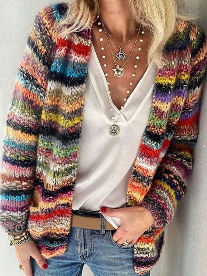 Handgefertigte Damen-Strickjacke im Multicolor-Strick mit offener Front in Mehrfarbig