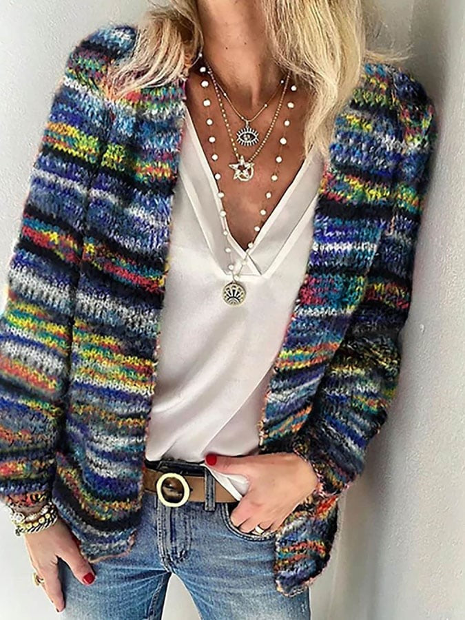 Handgefertigte Damen-Strickjacke im Multicolor-Strick mit offener Front in Mehrfarbig 1