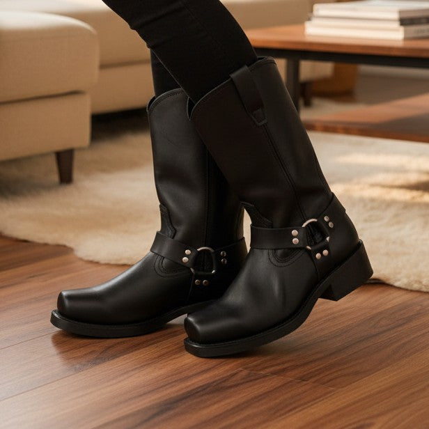 Harness-Stiefel für Herren aus PU-Leder mit Metallring und öl- und hitzebeständiger Sohle in Schwarz