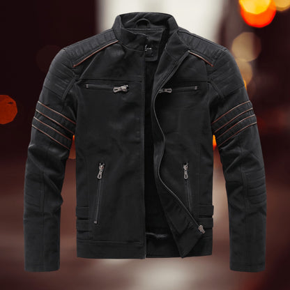 Herren-Bikerjacke in Lederoptik mit Stehkragen, Reißverschlusstaschen und Kontraststreifen in Schwarz