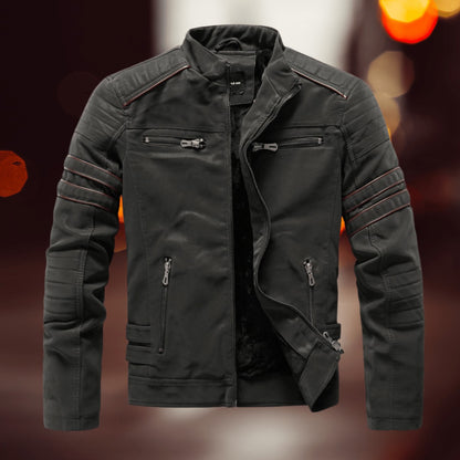 Herren-Bikerjacke in Lederoptik mit Stehkragen, Reißverschlusstaschen und Kontraststreifen in Dunkelgrün