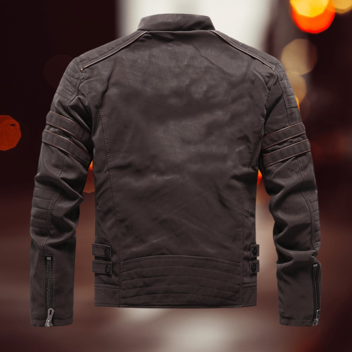 Herren-Bikerjacke in Lederoptik mit Stehkragen, Reißverschlusstaschen und Kontraststreifen, Ansicht 4