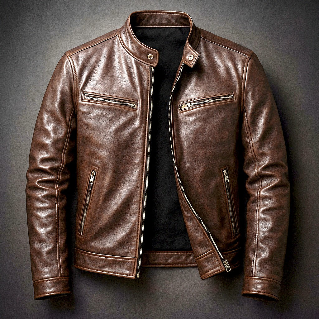 Herren-Bikerjacke in Lederoptik mit Stehkragen und vier Reißverschlusstaschen in Slim Fit in Zigarrenbraun