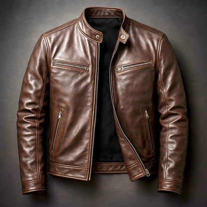 Herren-Bikerjacke in Lederoptik mit Stehkragen und vier Reißverschlusstaschen in Slim Fit in Zigarrenbraun