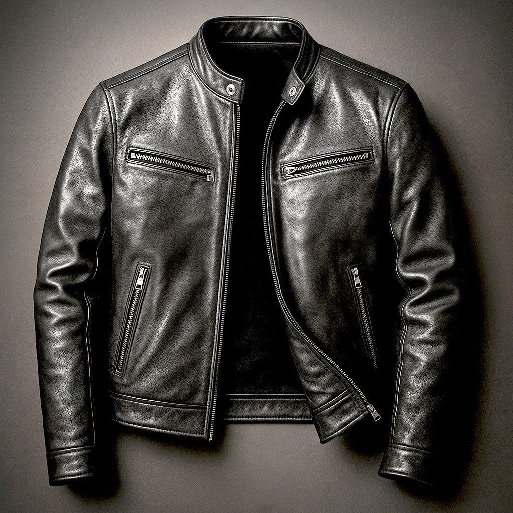 Herren-Bikerjacke in Lederoptik mit Stehkragen und vier Reißverschlusstaschen in Slim Fit in Schwarz